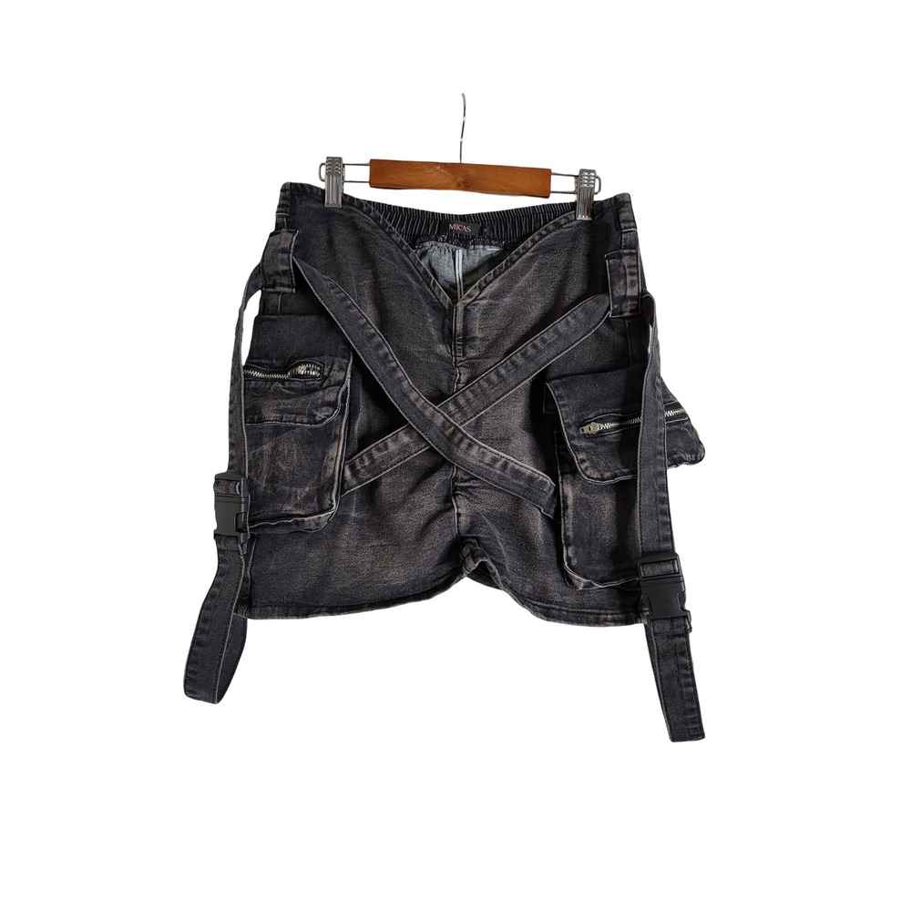 Micas Denim Cargo Skirt Cross Strap Buckle Utility Streetwear M Goth Grunge